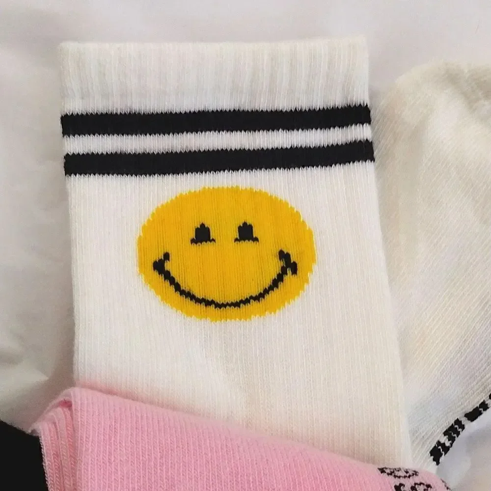$9💥 Smiley World 3 Pairs Girl's Crew Socks NWOT Pink White Black Girly Floral